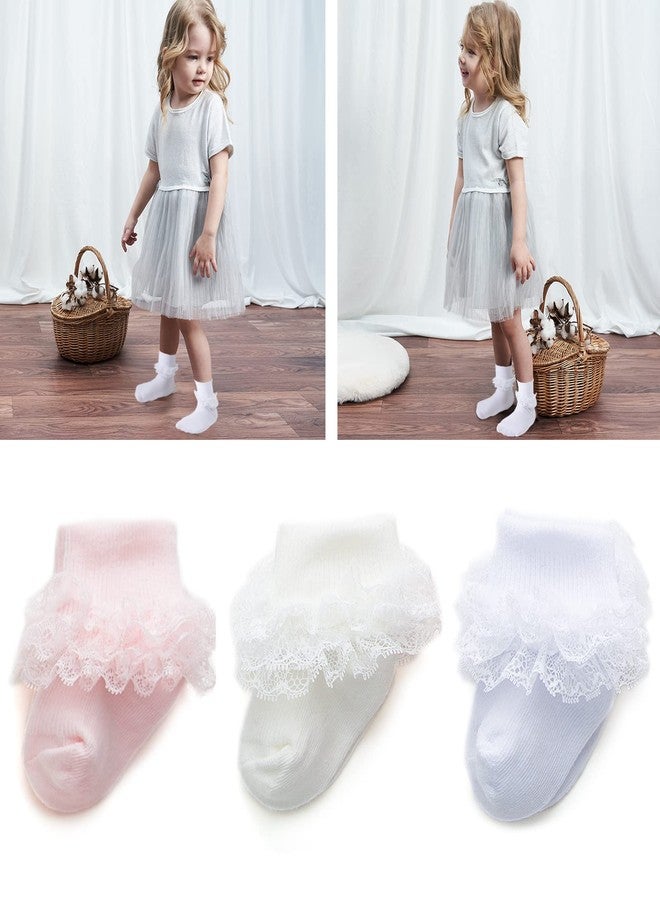 hakugoo Baby Girl Lace Ruffle Socks - 3 Pairs Turn Cuff Ankle Dress Socks for Infant (White Pink Cream, 0-3 Months) - Image 3